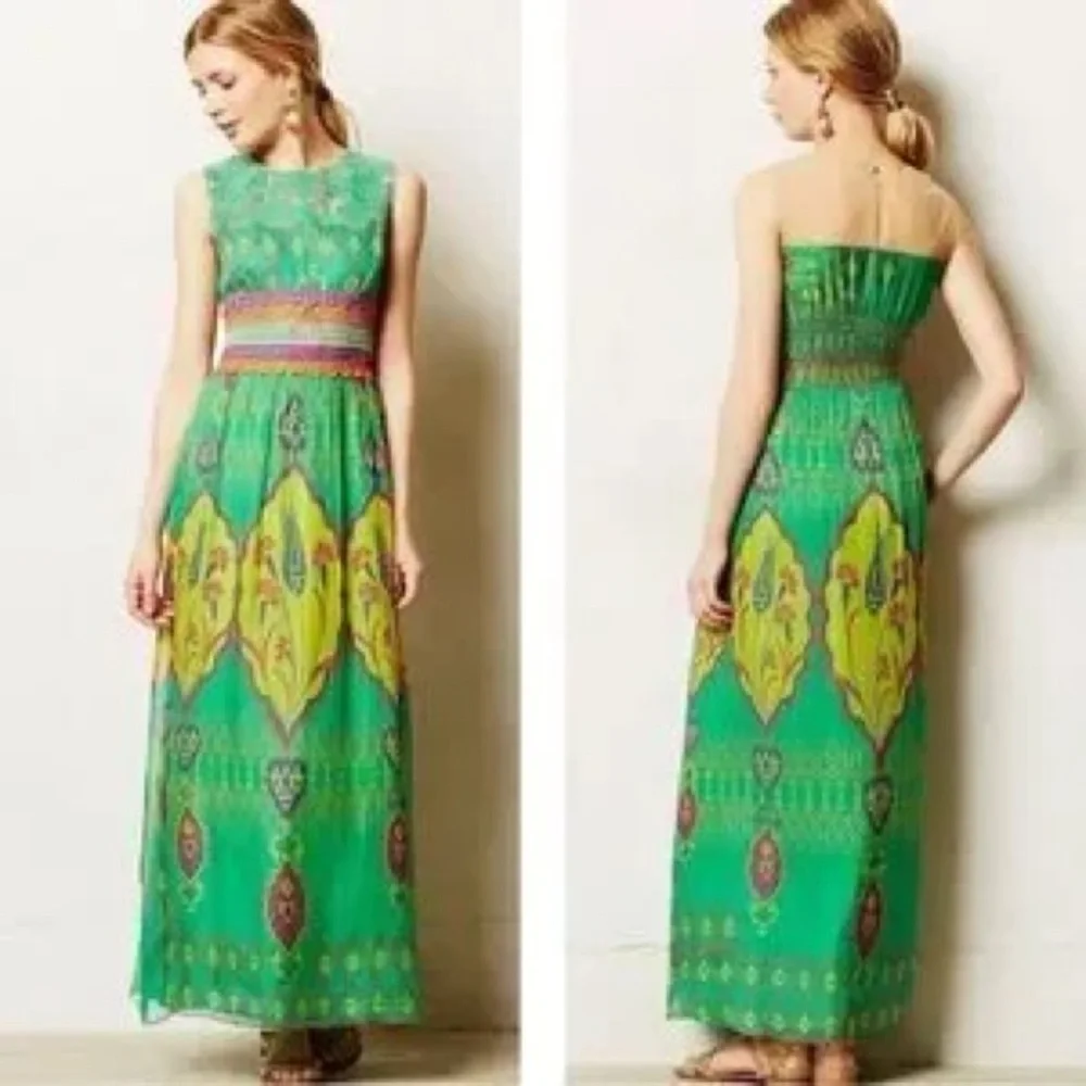 Hemant & Nandita Anthropologie Mintzita Maxi Dress Green Silk Large - Picture 1 of 9